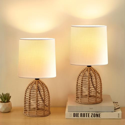 EJIAXIN Rattan Lamp Boho Lamps Set of 2-13.75" Mini Farmhouse Table Lamp Rustic End Table Decorative Small Lamps for Small Spaces Bedroom Nightstand Living Room Reading Desk Side Table Lamp | Amazon (US)