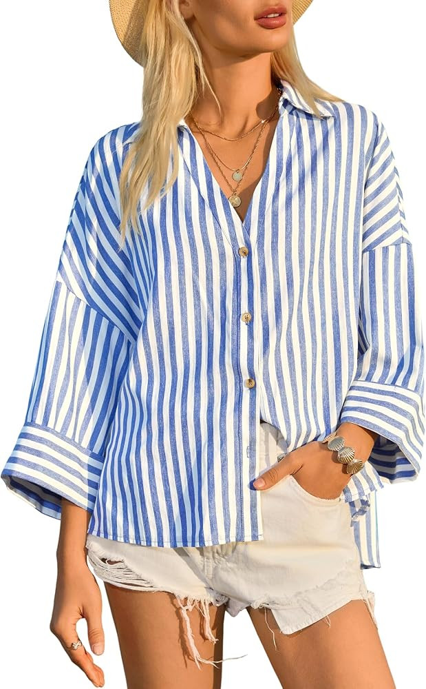 Cicy Bell Womens 3/4 Sleeve Striped Button Down Shirts Summer V Neck Tops Casual Loose Fit Work B... | Amazon (US)