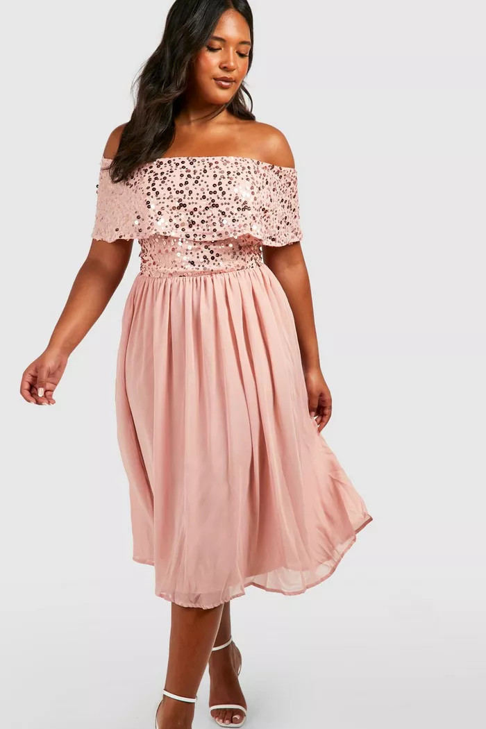Plus Occasion Sequin Off The Shoulder Midi Dress | Boohoo.com (US & CA)