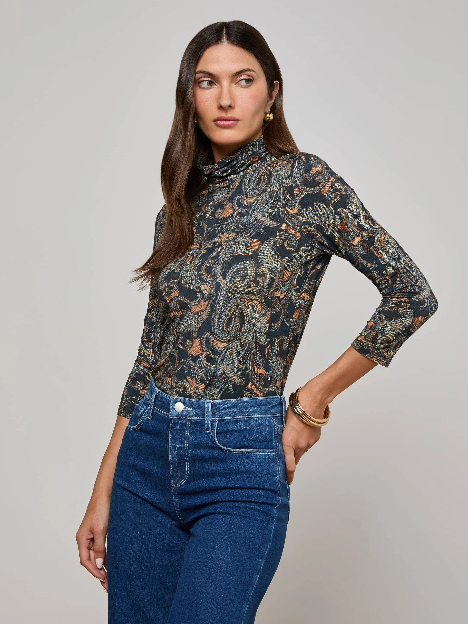 Aja Turtleneck in Midnight Multi Etched Paisley | L'AGENCE | L'Agence