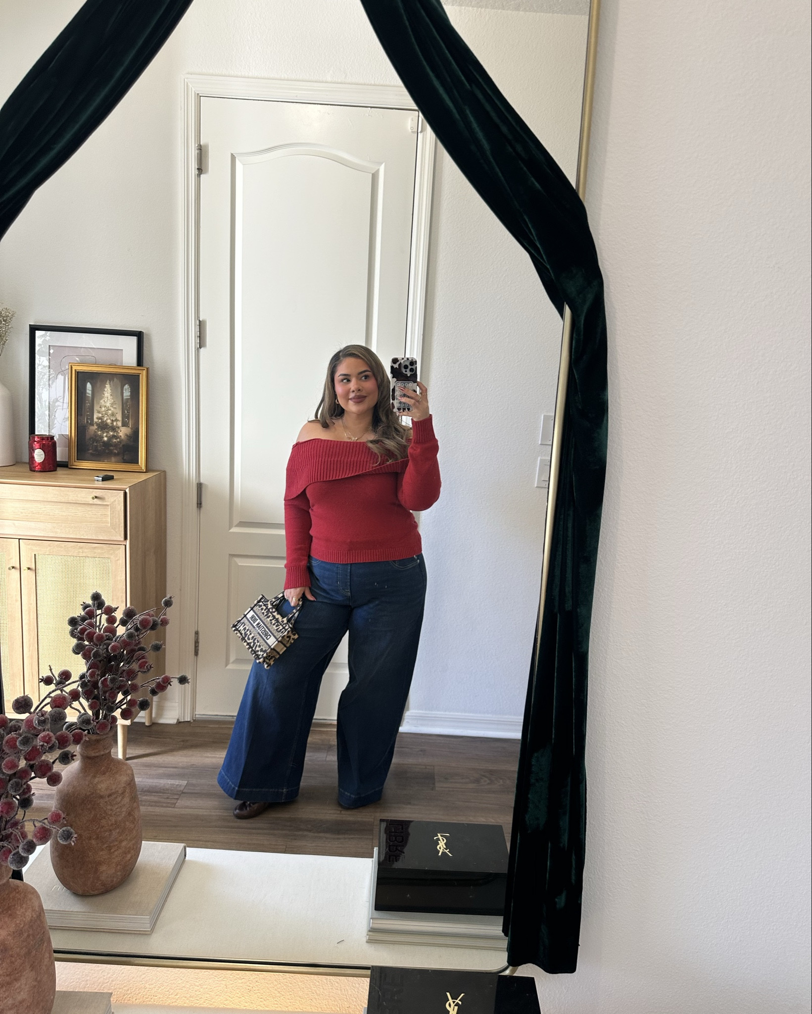 ootd for a Christmas light show 💋 love this over the shoulder sweater for the winter especially here in FL! Wearing size large in the top (runs big) and size 1x in the jeans

#LTKMidsize #LTKootd #LTKPetite