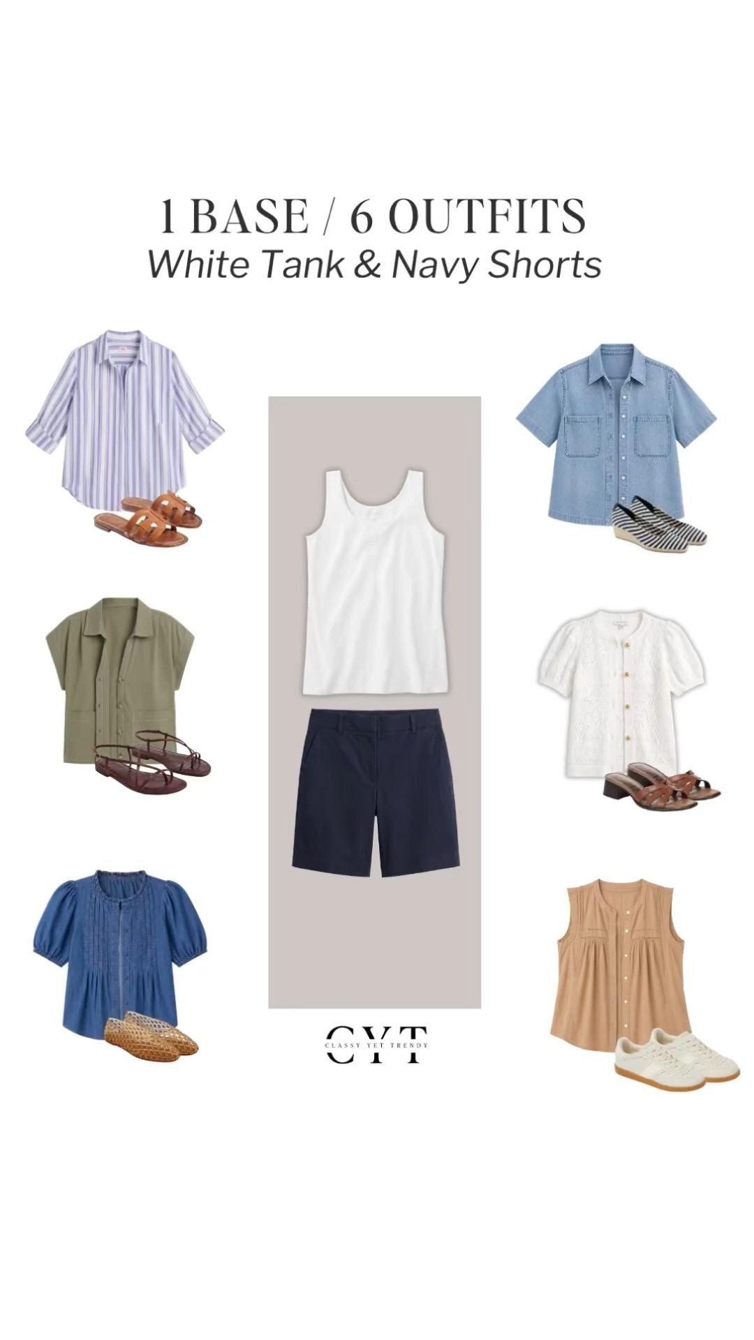 1 Base, 6 Outfits: Summer Edition 🎉 6 ways to wear two classic and timeless wardrobe staples: white tank and navy shorts (or black shorts) ✔️ Mix and match lightweight tops, shoes and accessories to create different looks. 

how to style, outfit ideas, elevated outfit, wardrobe essentials, chambray, button down shirt, casual sneakers, jelly flats, slide sandals, sandal heels, strap sandals

#summerstyle #summeroutfits #howtowear #stylinginspo #styletips  

 