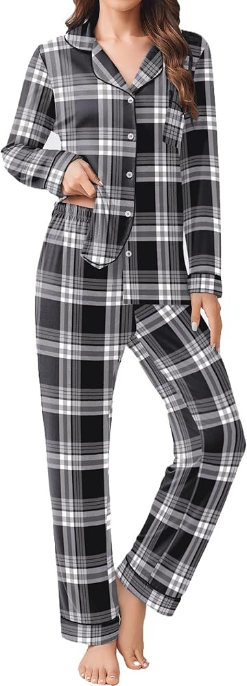 Ekouaer Womens Pajama Sets Plaid Printed Pjs Sets Button Down Long Sleeve Sleepwear Set Soft Loun... | Amazon (US)