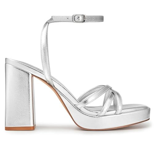 Trary Silver Heels for Women, Square Toe Platform Heels, Chunky Heel Silver Shoes for Women Dressy, Strappy Heels for Women, Chunky Heels, Silver Heels Block Heels, Silver Herls, Thick Heels Prom | Amazon (US)