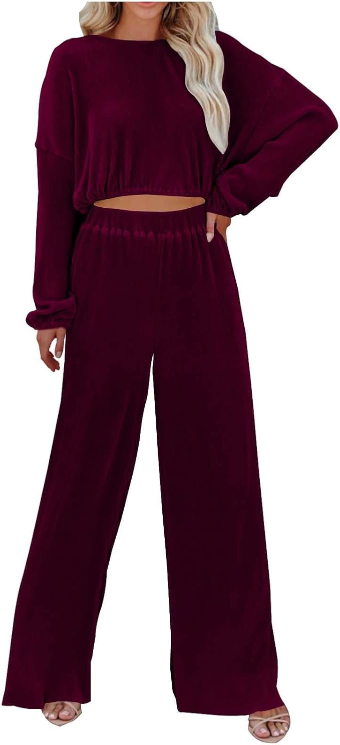 2 Piece Outfits for Women Corduroy Lounge Sets Long Sleeve Round Neck Cropped Tops Wide Leg Pants... | Amazon (US)
