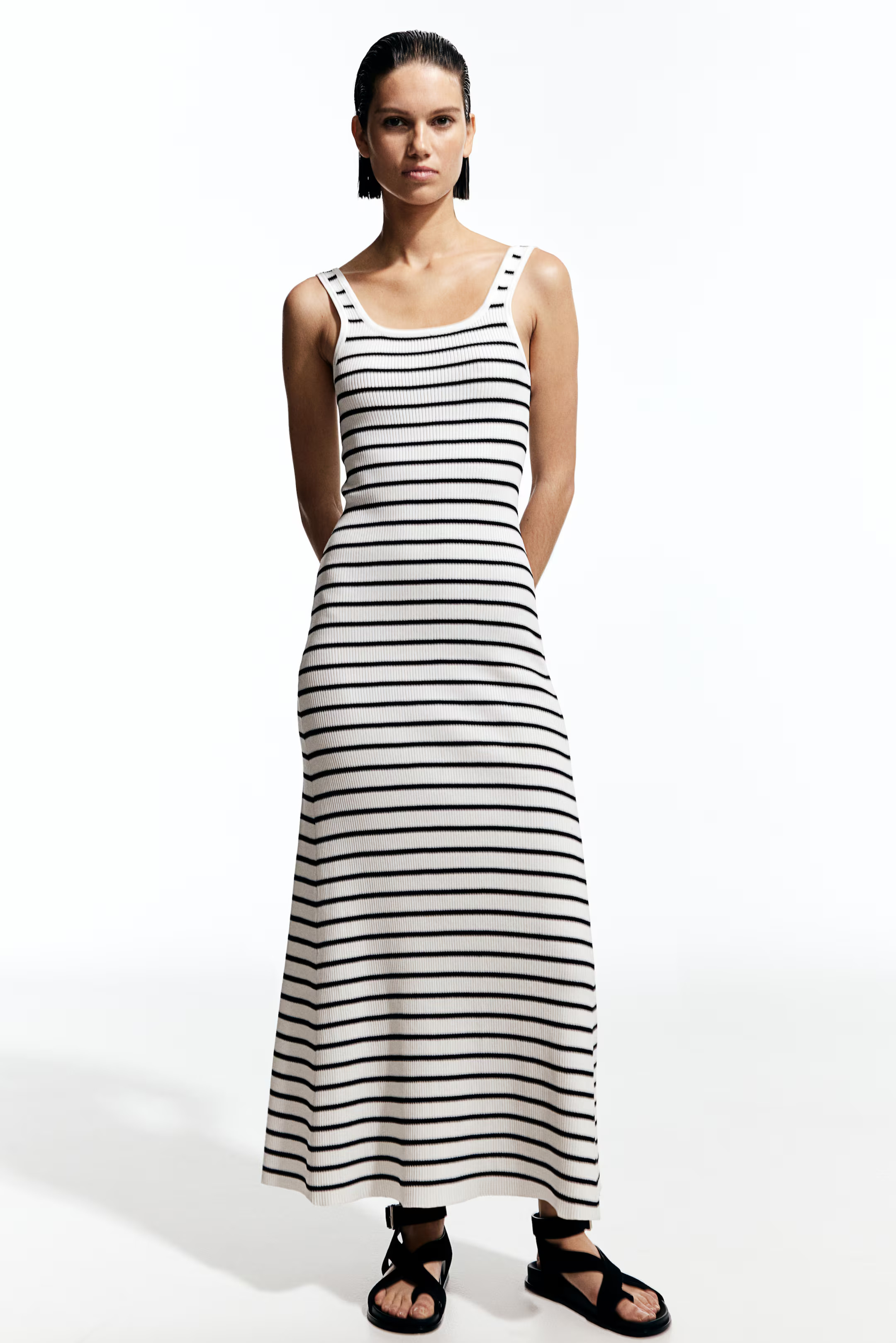 Flared-skirt rib-knit dress - White/Striped - Ladies | H&M GB | H&M (UK, MY, IN, SG, PH, TW, HK)