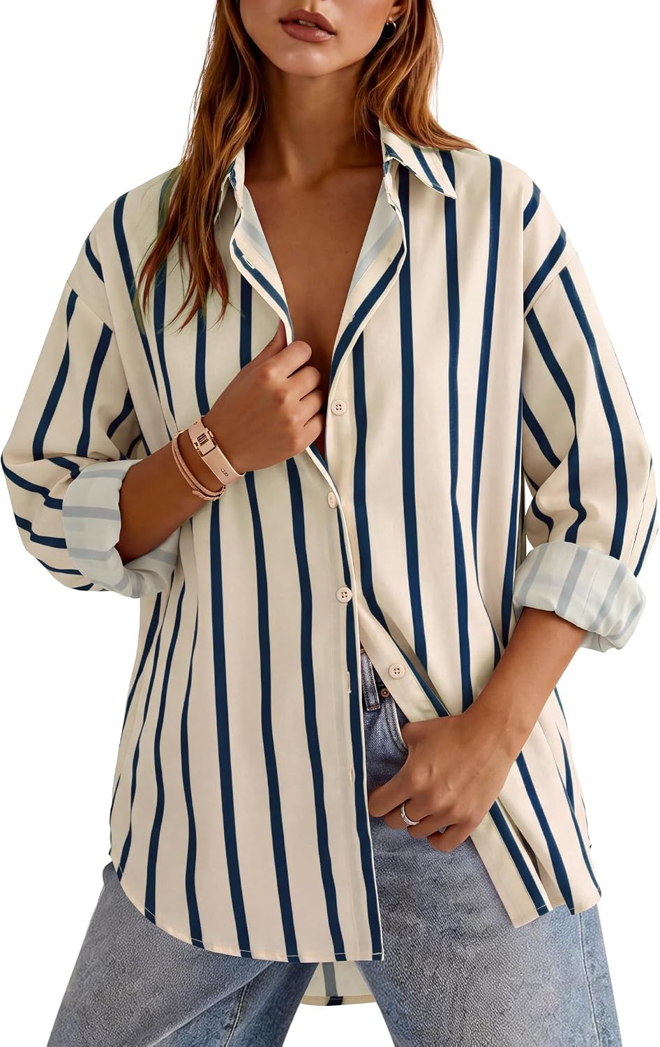 siliteelon Button Down Shirts Women Striped Long Sleeve Oversized Blouses | Amazon (US)