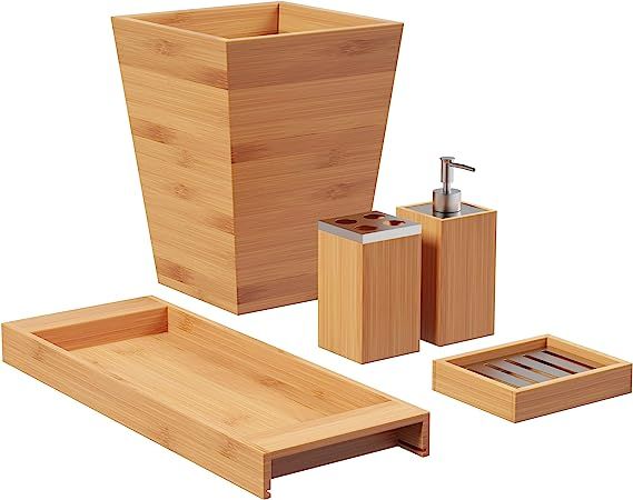 5-Piece Bathroom Decor Set - Bamboo Bathroom Accessories Set with Trash Can, Soap Dish, Soap Disp... | Amazon (US)