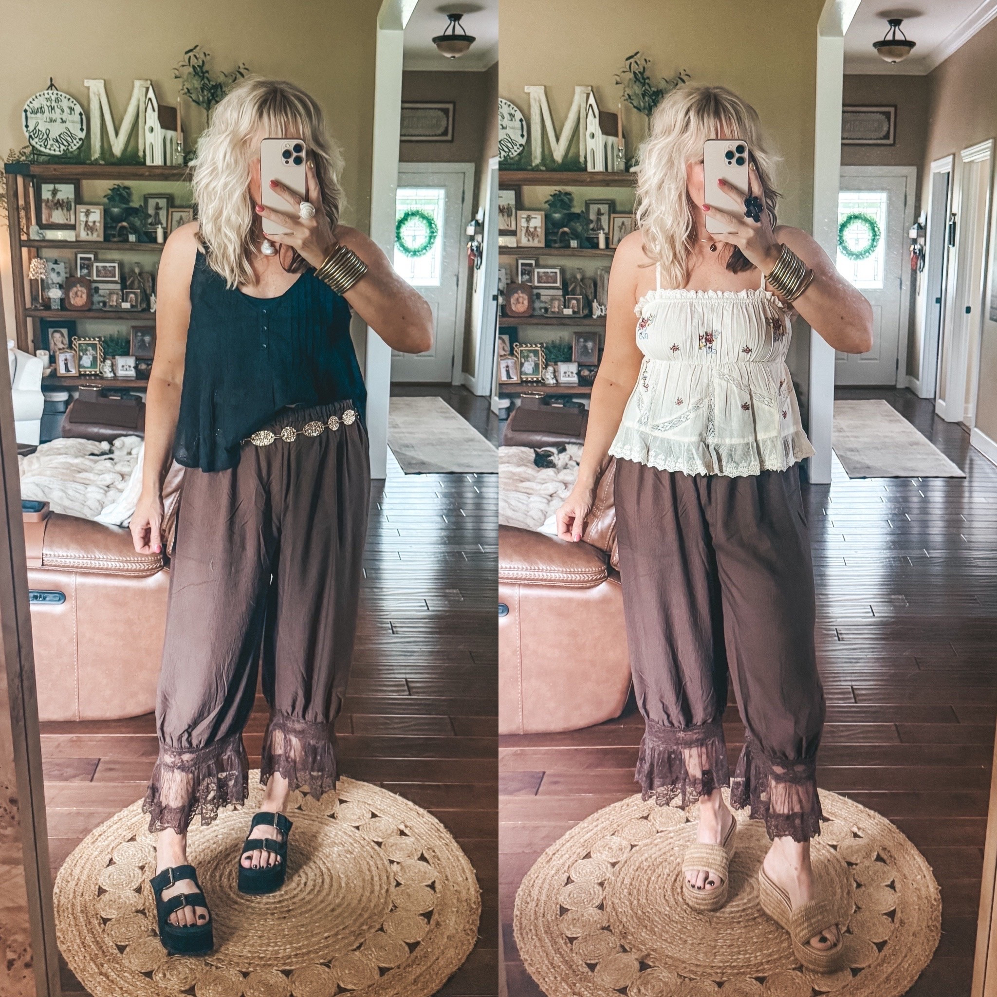 These brown ones fit the exact same! They are a medium and super cute too! Love them with these tops and added the chain belt to the black top one. 
Tops are also mediums. 
@Natural Life 
#summeroutfit #vacationoutfit #naturallife