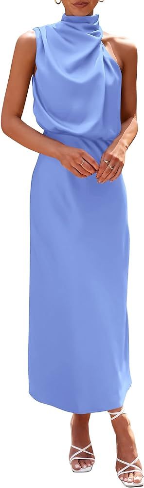 PRETTYGARDEN Women's 2024 Summer Satin Dress Elegant Sleeveless Mock Neck Cocktail Party Maxi Dre... | Amazon (US)