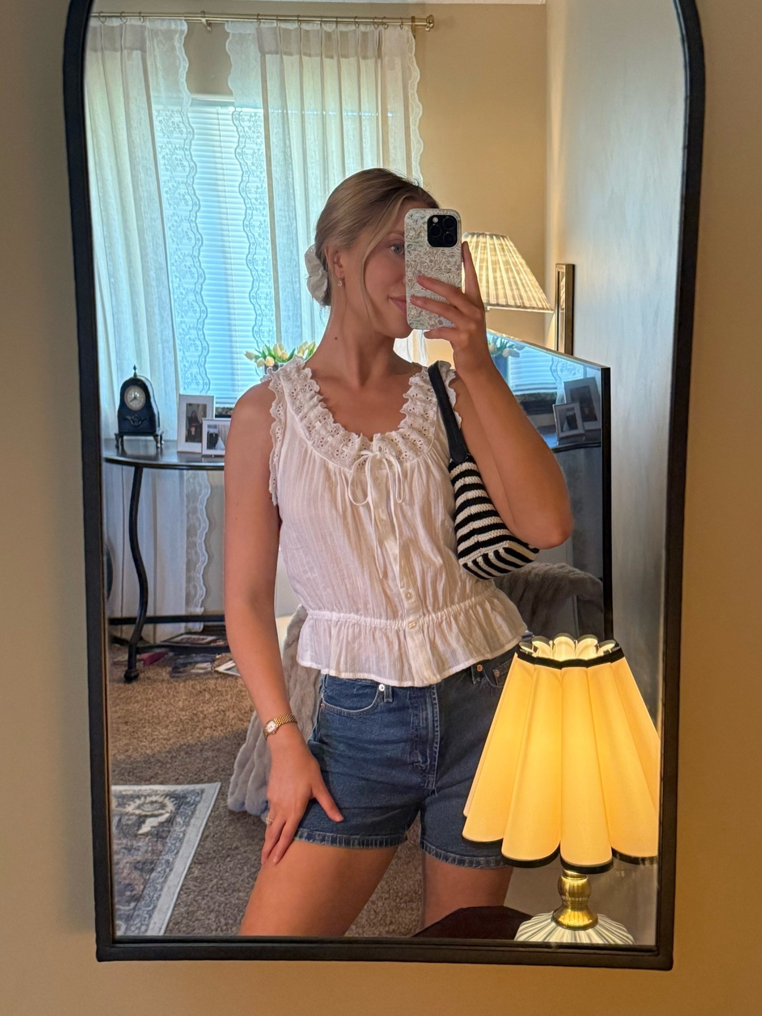 Wearing a size S in my Gap white eyelet top
Gap crochet stripe mini bag
Target denim shorts in size 6
Anthropologie white eyelet scrunchie
Amazon gold watch & earrings

#LTKdayinmylife #LTKootd