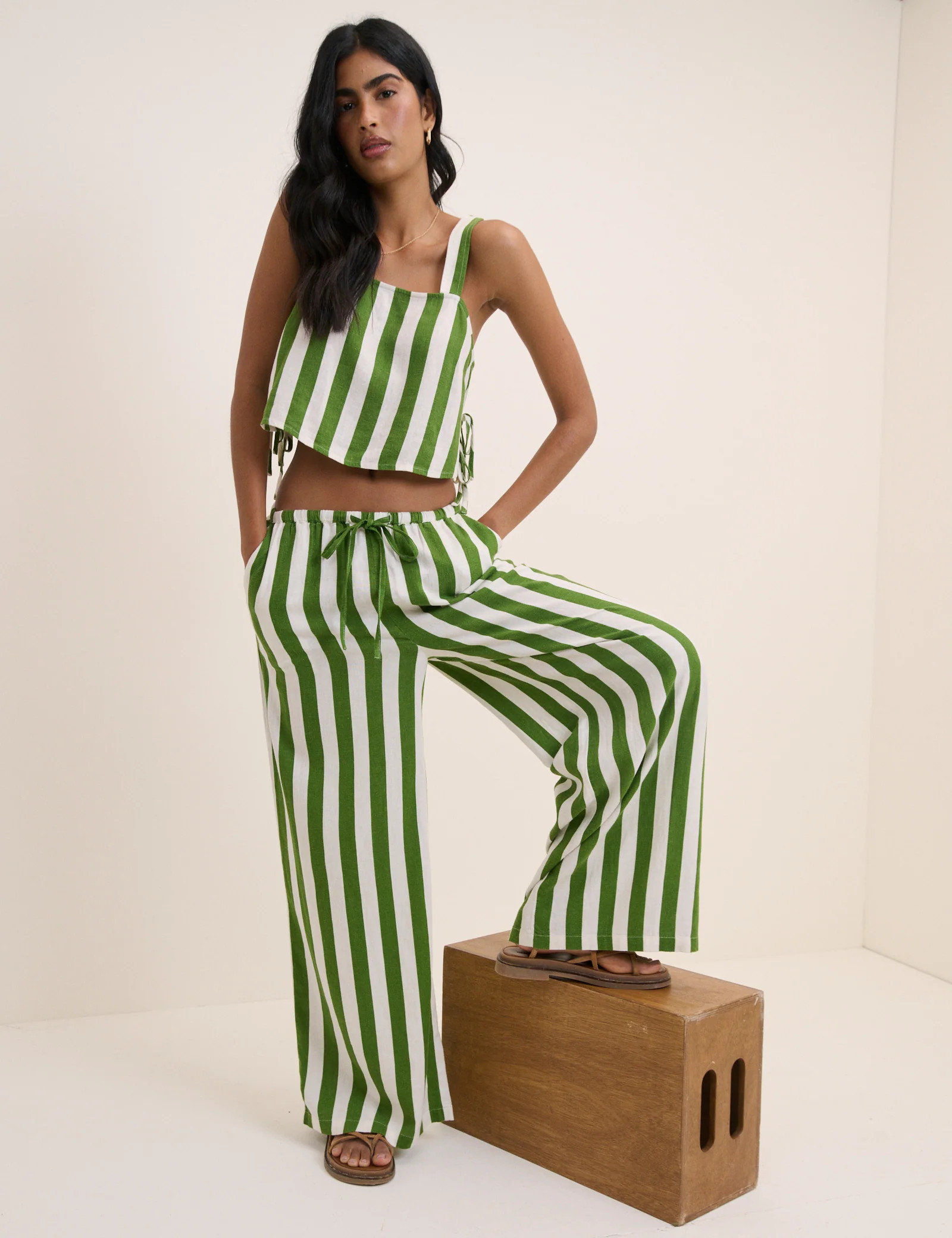 Green Striped Reese Wide Leg Trousers | Nobody's Child