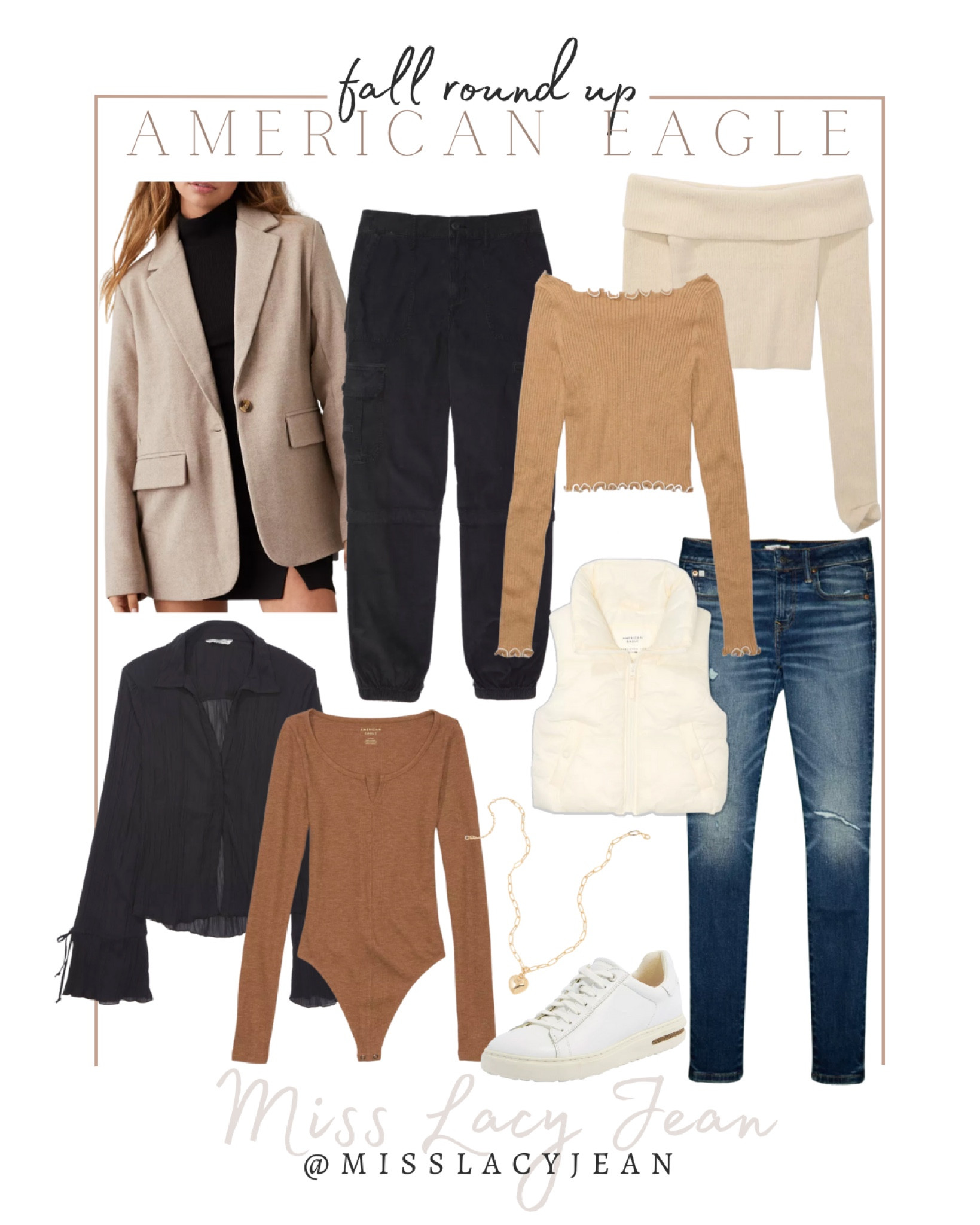 American Eagle new for fall round up includes blazer, black joggers, knit long sleeve, off the should sweater, jeans, sneakers, necklace, bodysuit, and black top.

Fall outfit, fall clothes, fall round up, American Eagle

#LTKSeasonal #LTKfindsunder50 #LTKstyletip