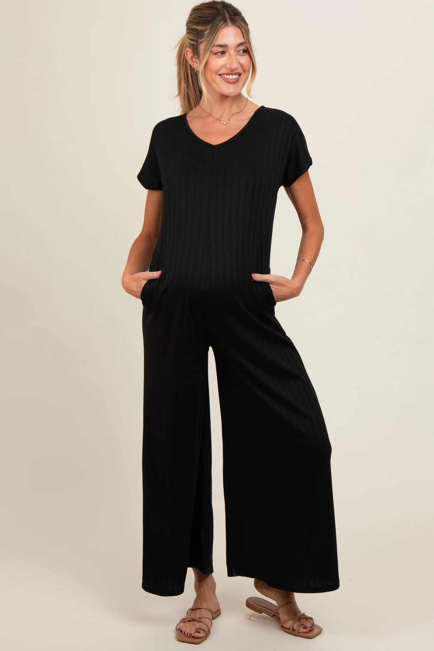 Black Ribbed Wide Leg Maternity Jumpsuit | PinkBlush Maternity