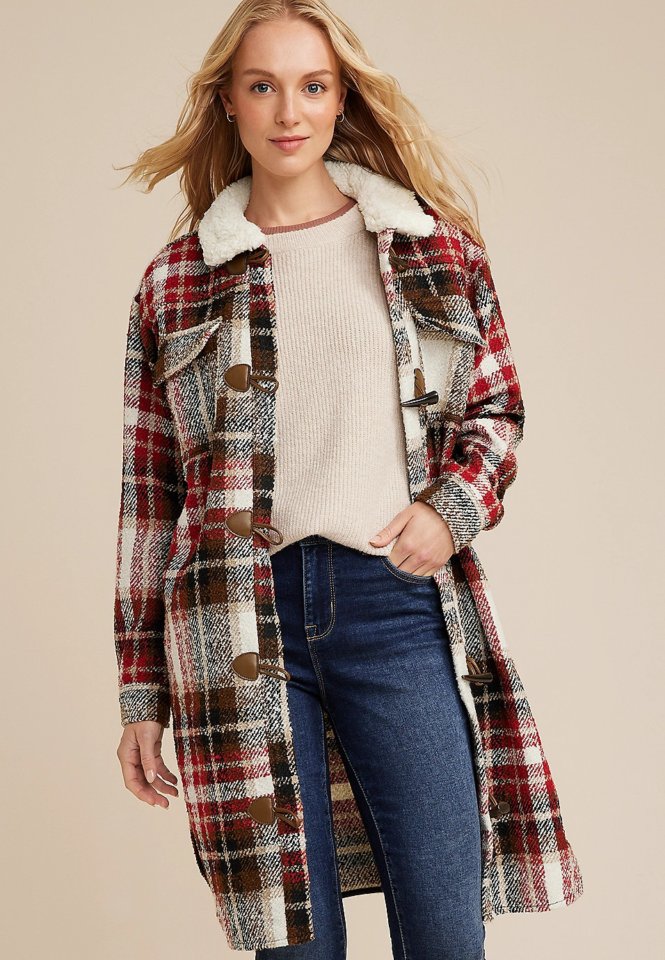 Plaid Toggle Longline Shacket | Maurices