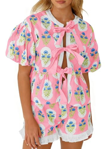 Aoysky Womens Floral 2 Piece Short Sets Summer Vacation Outfits Puff Sleeve Babydoll Blouse Ruffle Shorts Matching Set | Amazon (US)