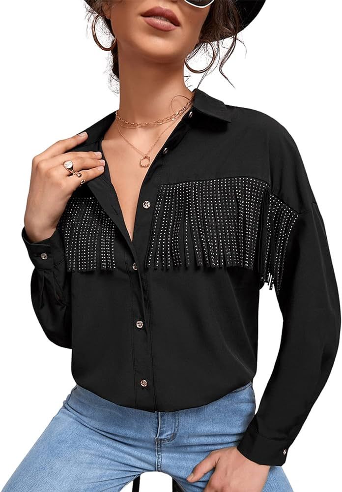 SweatyRocks Women's Long Sleeve Button Front Chiffon Blouse Fringe Trim Shirt Top | Amazon (US)