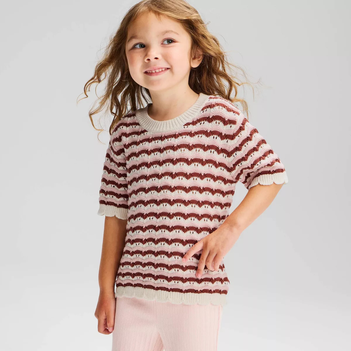 Toddler Girls' Short Sleeve Striped Crewneck Sweater - Cat & Jack™ Pink/Brown 5T | Target