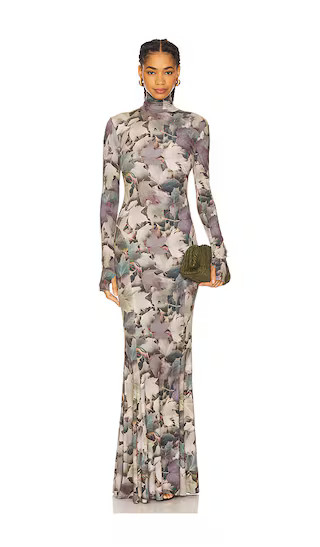 Long Sleeve Turtleneck Fishtail Gown in Autumn Leaves | Revolve Clothing (Global)