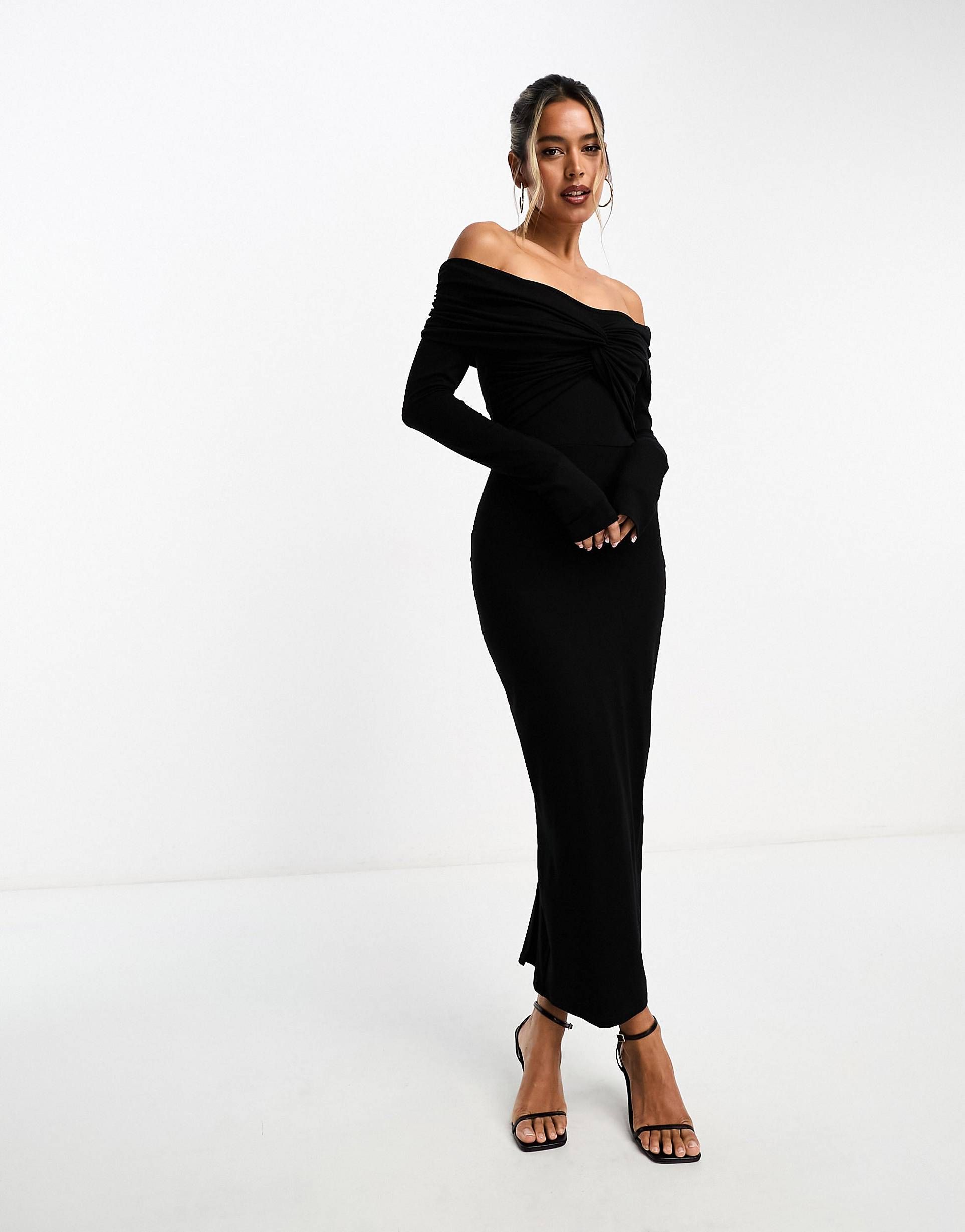 ASOS DESIGN off shoulder twist midi dress with long sleeves in black | ASOS | ASOS (Global)