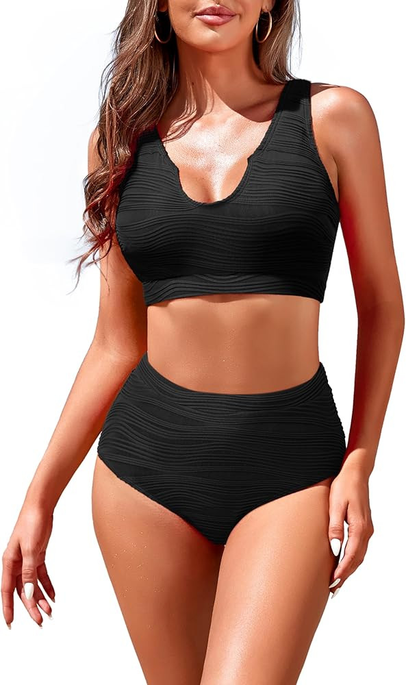 Adisputent High Waisted Bikini Set for Women Sporty Ruched Swimsuits V Neck Crop Top Tummy Contro... | Amazon (US)