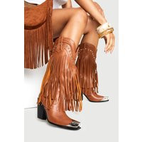 Womens Western Stud Fringe Toe Cap Western Boots - Brown - 4, Brown | Boohoo.com (UK & IE)