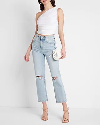 Conscious Edit High Waisted Light Wash Ripped Straight Ankle Jeans | Express