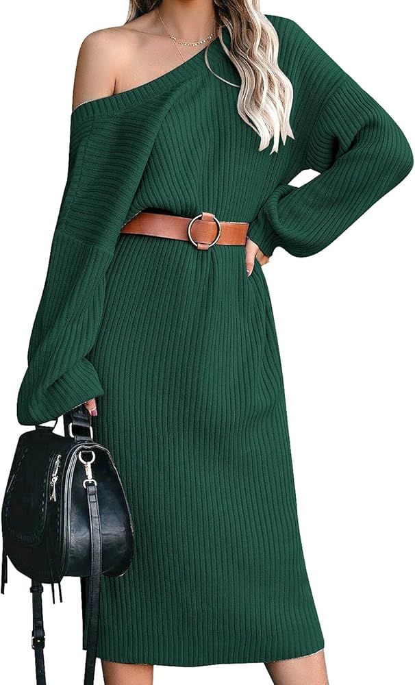 Utyful Women's Long Sleeve Crew Neck Soft Pullover Knee Length Midi Sweater Dress | Amazon (US)