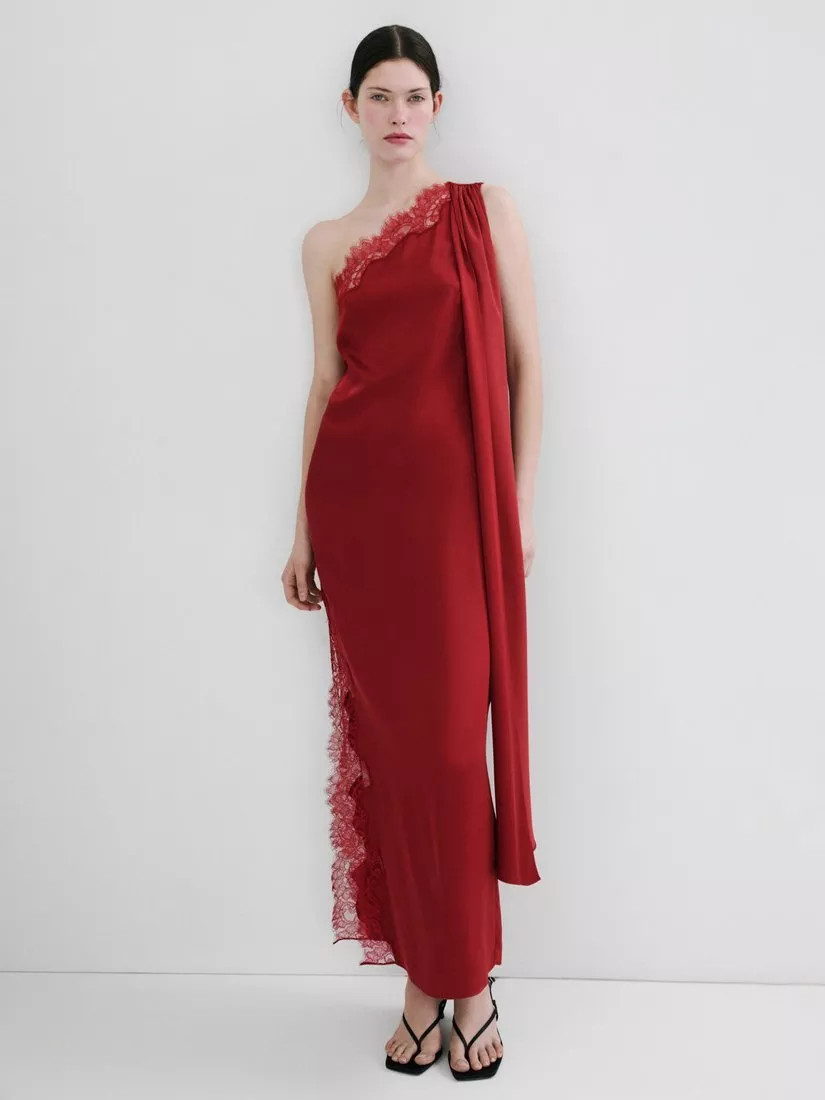 Mango Asymmetric Lace-Trim Maxi Dress, Red | John Lewis (UK)