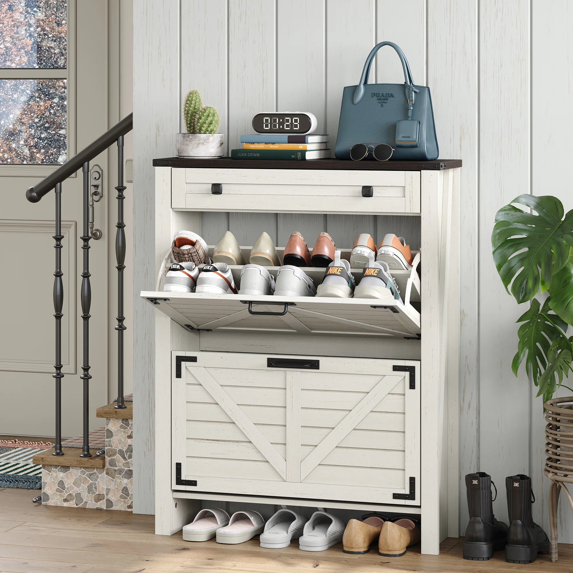 Gracie Oaks 16 Pair Shoe Storage Cabinet with 2 Flip Drawers,Farmhouse Shoe Cabinet for Entryway ... | Wayfair North America