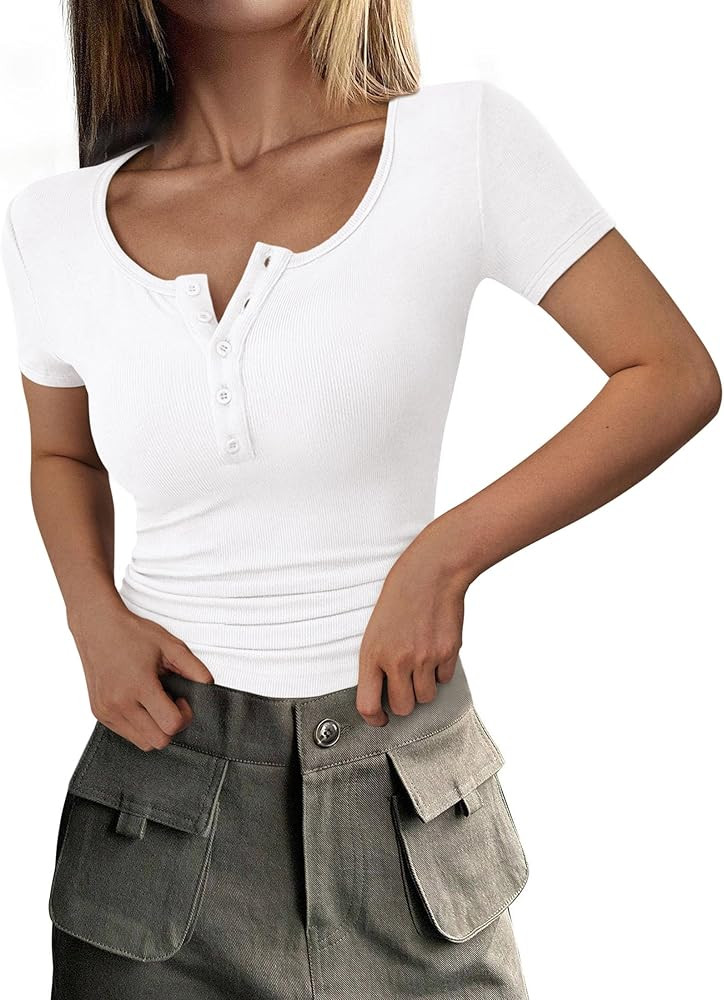 PRETTYGARDEN Women's 2025 Fall Summer Short Sleeve Tops Ribbed Henley Button Slim Fit Basic Casua... | Amazon (US)