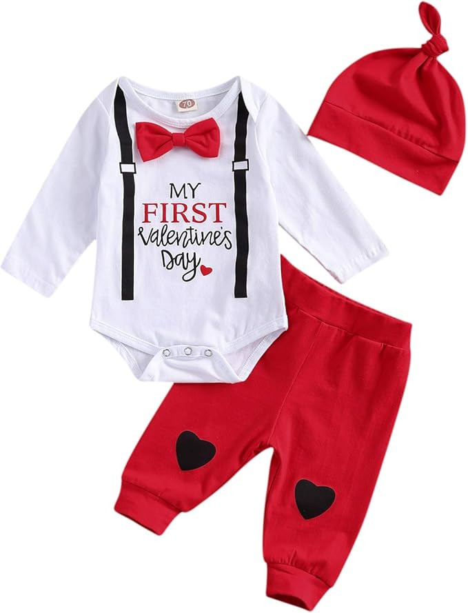 Kuriozud Baby My First Valentine's Day Outfits Long Sleeve Romper Bodysuit Top Pants Hat 3 Piece ... | Amazon (US)