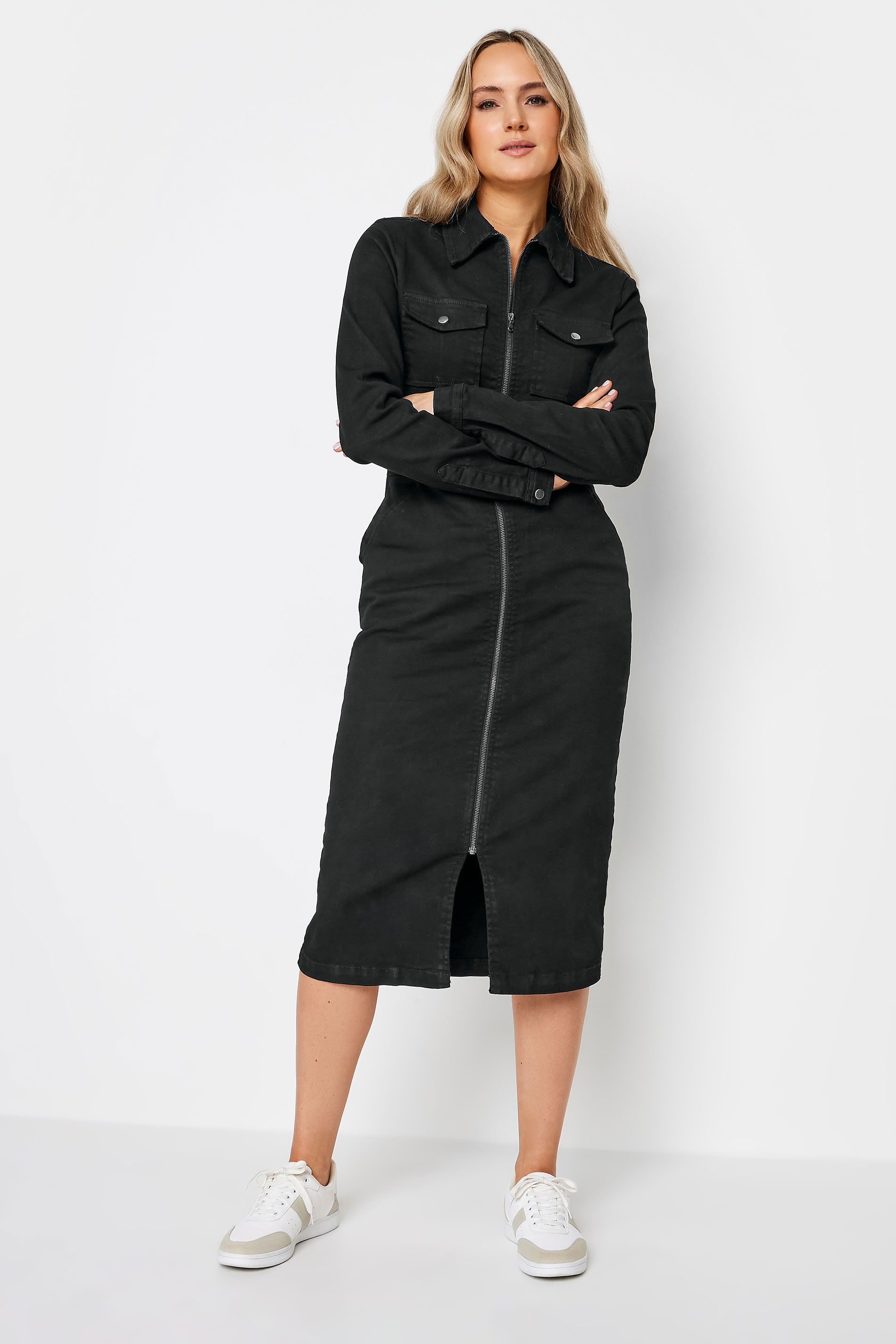 LTS Tall Black Denim Zip Through Midi Dress | Long Tall Sally