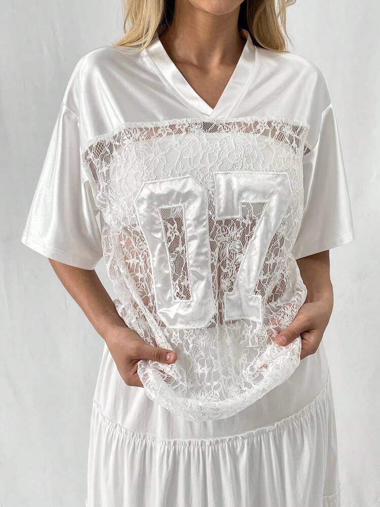 Flirla Women's White Lace Splice Satin Embroidered Graphic Short Sleeve T-Shirt For Holiday Party... | SHEIN
