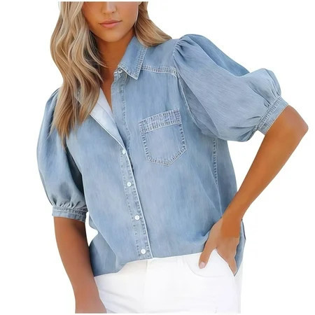 Miqool Women's Imitation Denim Shirt Summer Casual Puff Short Sleeve Loose Fit Button Down Collared Western Jean Shirts Tops with Pocket | Walmart (US)