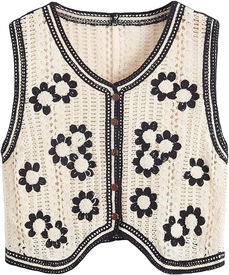 Verdusa Women's Button Front V Neck Sleeveless Checkered Knit Sweater Vest | Amazon (US)