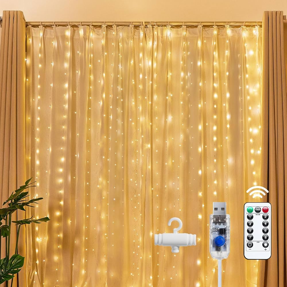 Brightown 300 LED Fairy Curtain Lights, 9.8ft x 9.8ft Warm White Curtain String Lights, USB Plug ... | Amazon (US)