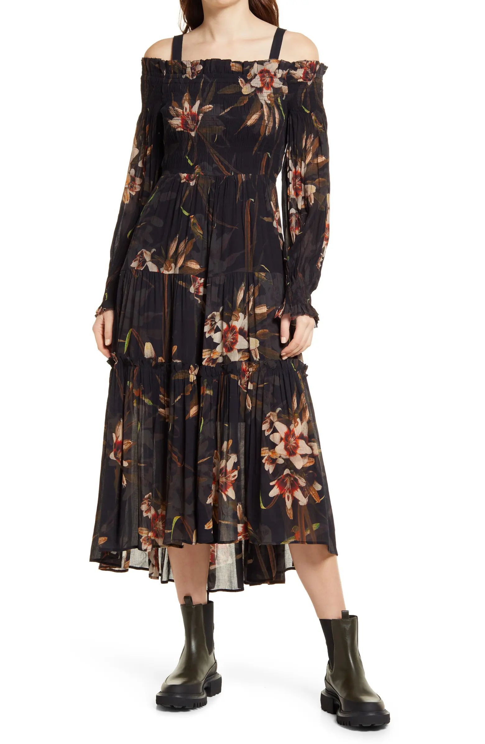 AllSaints Lillemor Kuroyuri Floral Long Sleeve Midi Dress | Nordstrom | Nordstrom