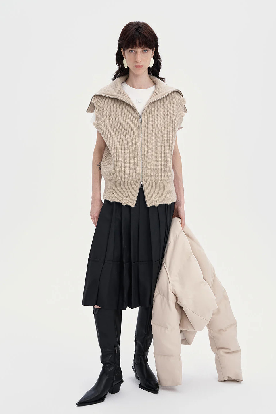 White duck down short down jacket woolen vest two piece set | SELFWHO