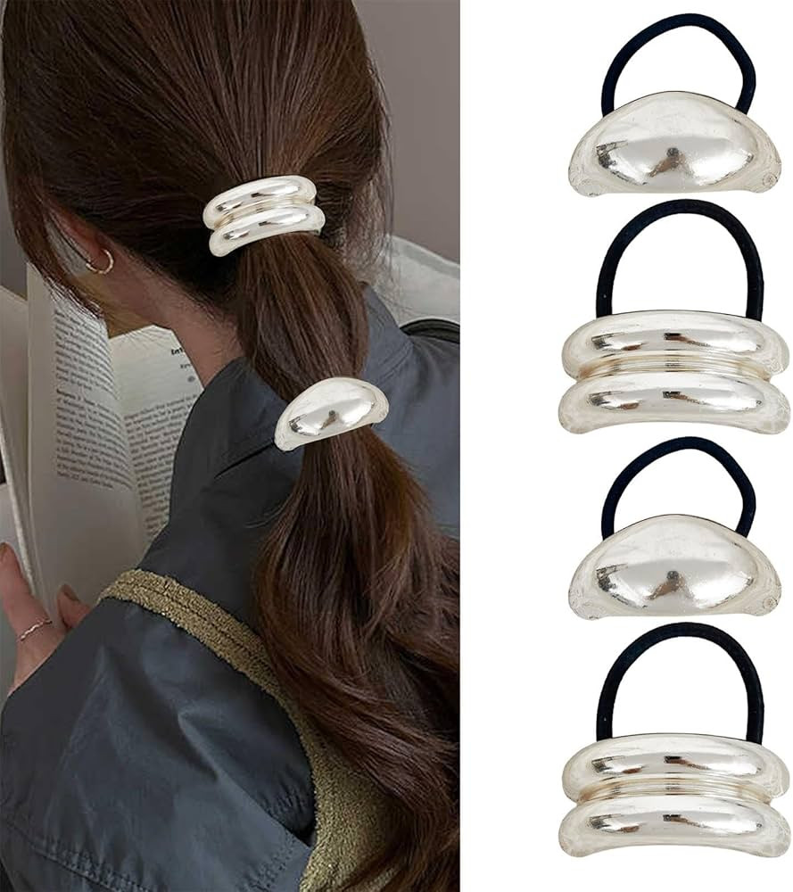 Metal Ponytails Hair Cuffs, Silver Geometric Hair Ties Fashion Glossy Arch Ponytail Holders Hair ... | Amazon (US)