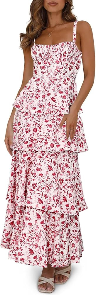 Fisoew Womens Floral Maxi Dresses Spaghetti Strap Casual Sleeveless Ruffle Flowy Tiered Dress | Amazon (US)