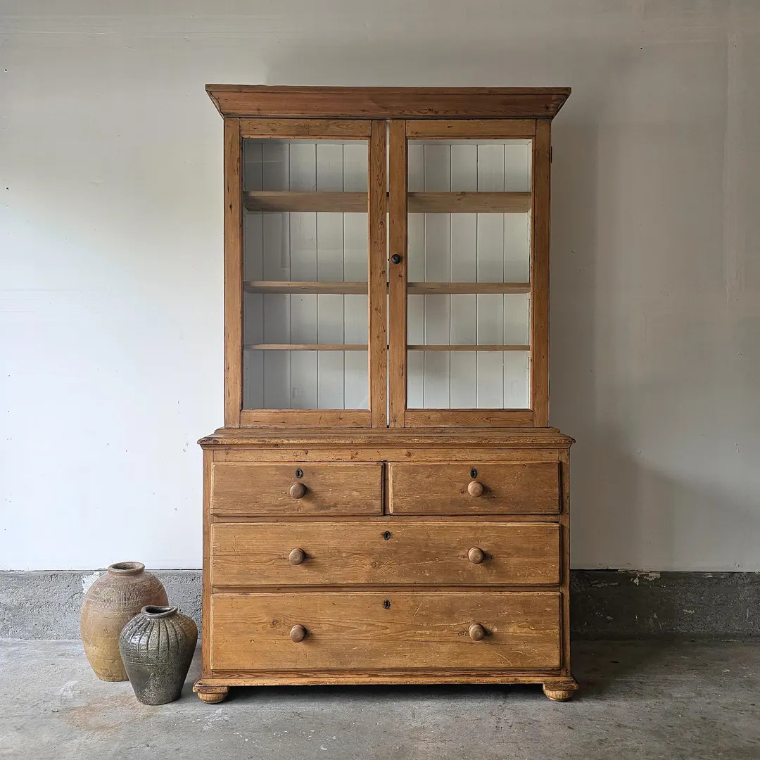Stately Antique English Pine Hutch Cabinet with Glass doors and drawers | Etsy (US)
