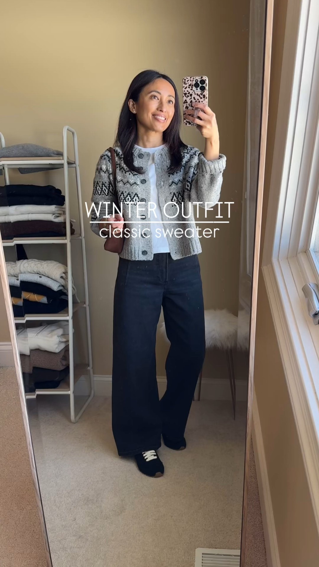 Winter outfit: classic sweater. 
-I decided that I needed to add a fair isle sweater to my wardrobe. Somehow all these winters growing up in the Midwest, I never had a sweater of this classic style. Exact sweater comes in and out of stock. True to size. I’ve linked other similar designs. 
-Black jeans are a new style to me. Love the cut that feels like a wide leg / slight barrel mix. I sized up, but could’ve also stayed true to size. Luxe denim material with stretch. 
-Black suede sneakers with a slim profile. 
-Good quality all-cotton t-shirt that makes a great base layer. True to size. 
-Suede bag is easy to carry on the shoulder or arm. 


#LTKOver40 #LTKootd