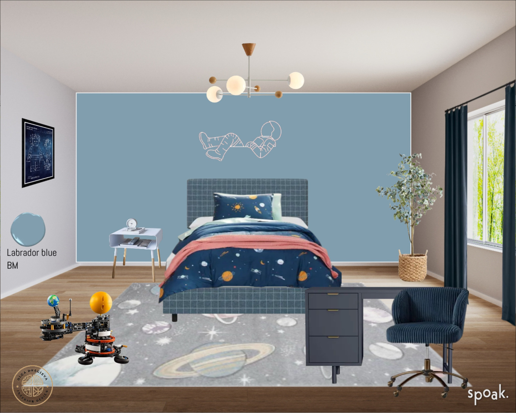 Planets-themed boy’s bedroom design/moodboard. Planets decor, planets rug, blue desk and desk chair, checkered twin bed, mid-century modern light, Lego toy, faux olive tree. 

#LTKKids #LTKHome #LTKSeasonal