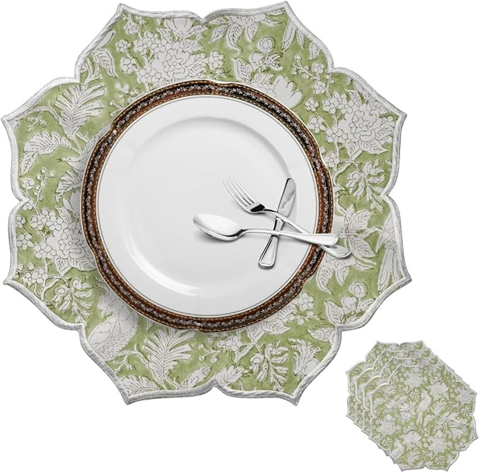 CPC Cotton Placemats Set of 4-Handmade Block Printed Double Layered, Machine Washable, Flower Sca... | Amazon (US)