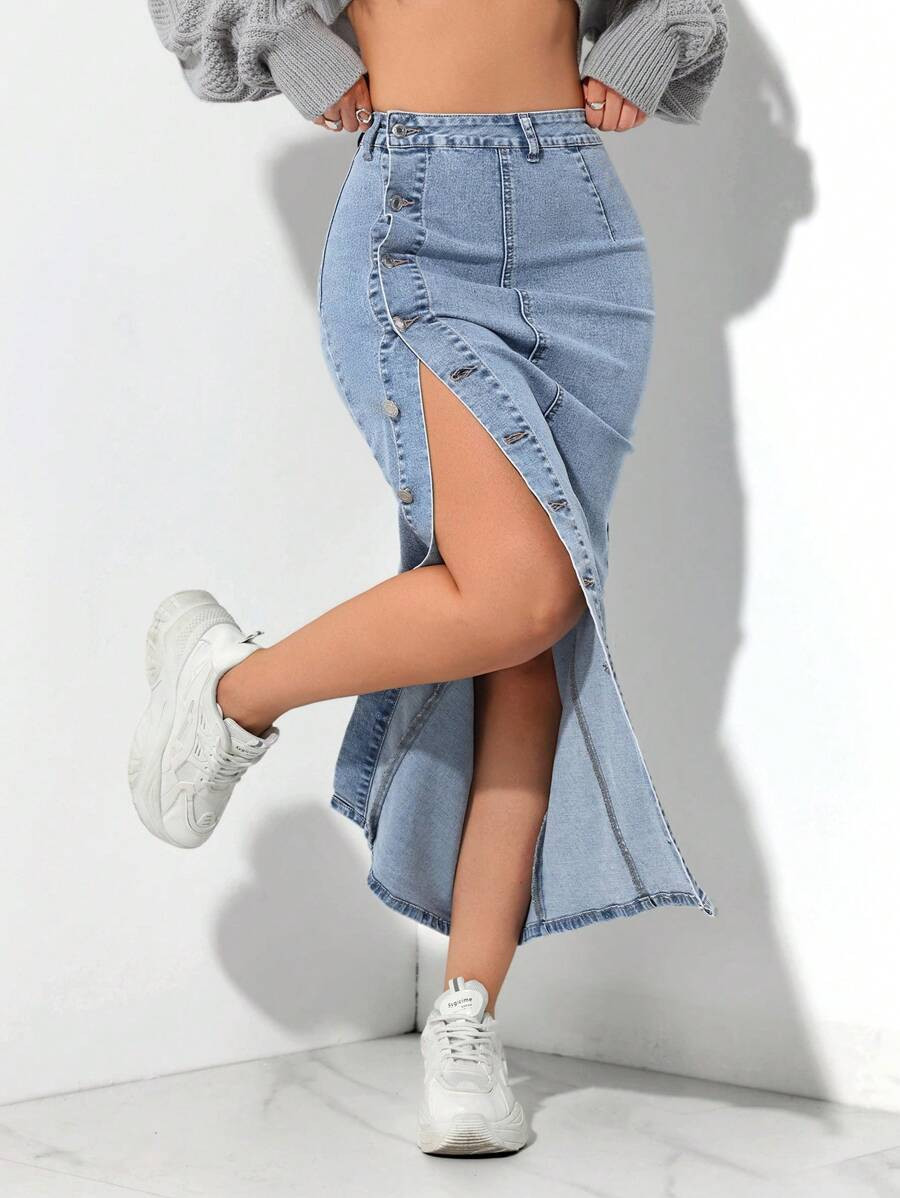 SHEIN PETITE Women Side Button Front Long Casual Versatile Denim Skirt | SHEIN