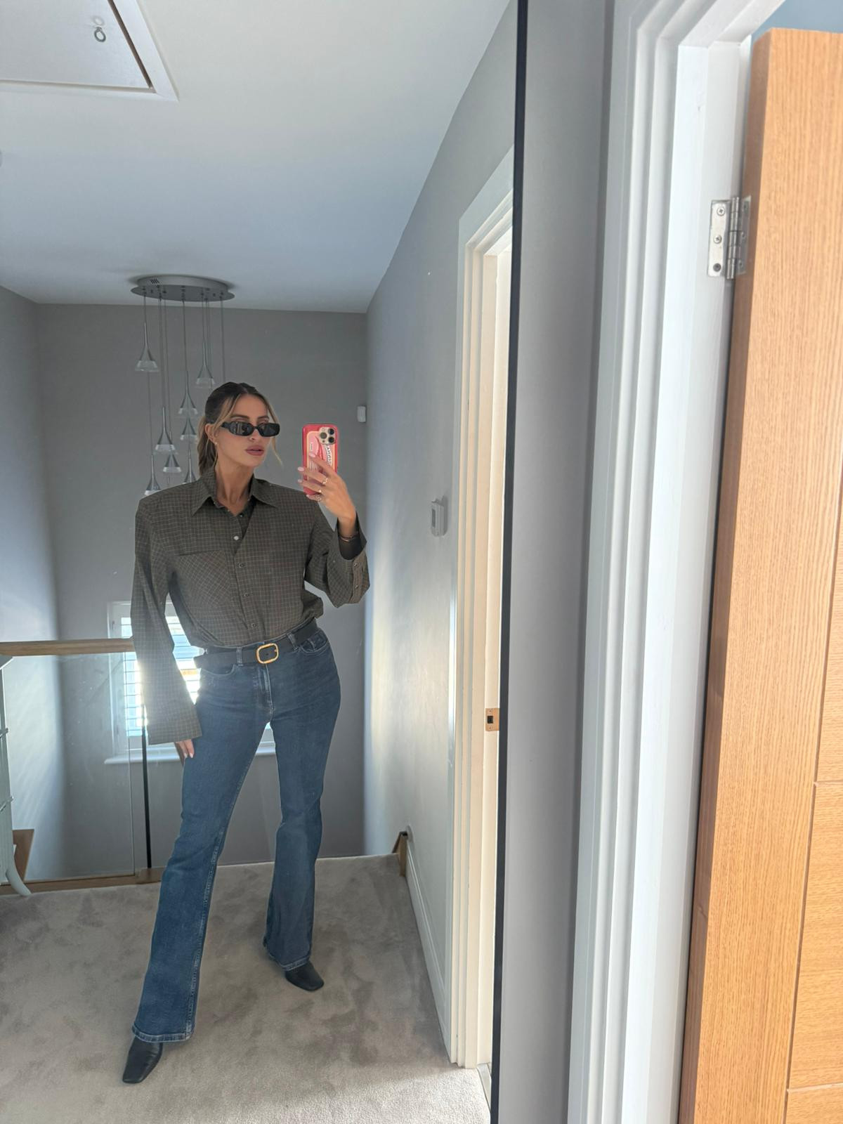 Autumn, outfit idea, H&M, Zara, wide leg jeans, checked shirt, Loewe belt, sunglasses, transitional outfit 

 #LTKFashionMonth #LTKuk #LTKautumn