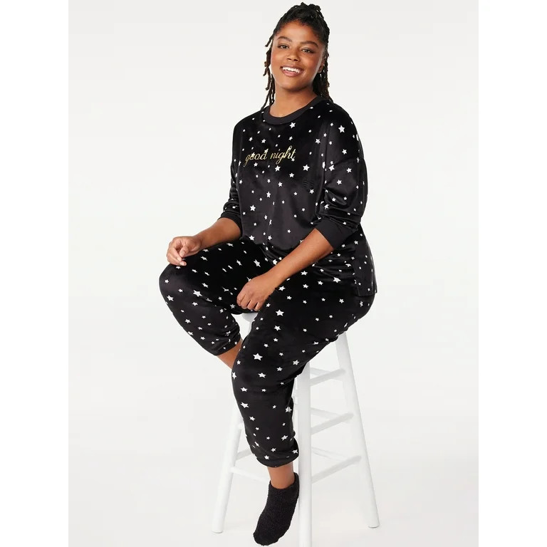 Joyspun Women's Embroidered Stretch Velour Top and Joggers Pajama Set with Socks, 3-Piece, Sizes ... | Walmart (US)