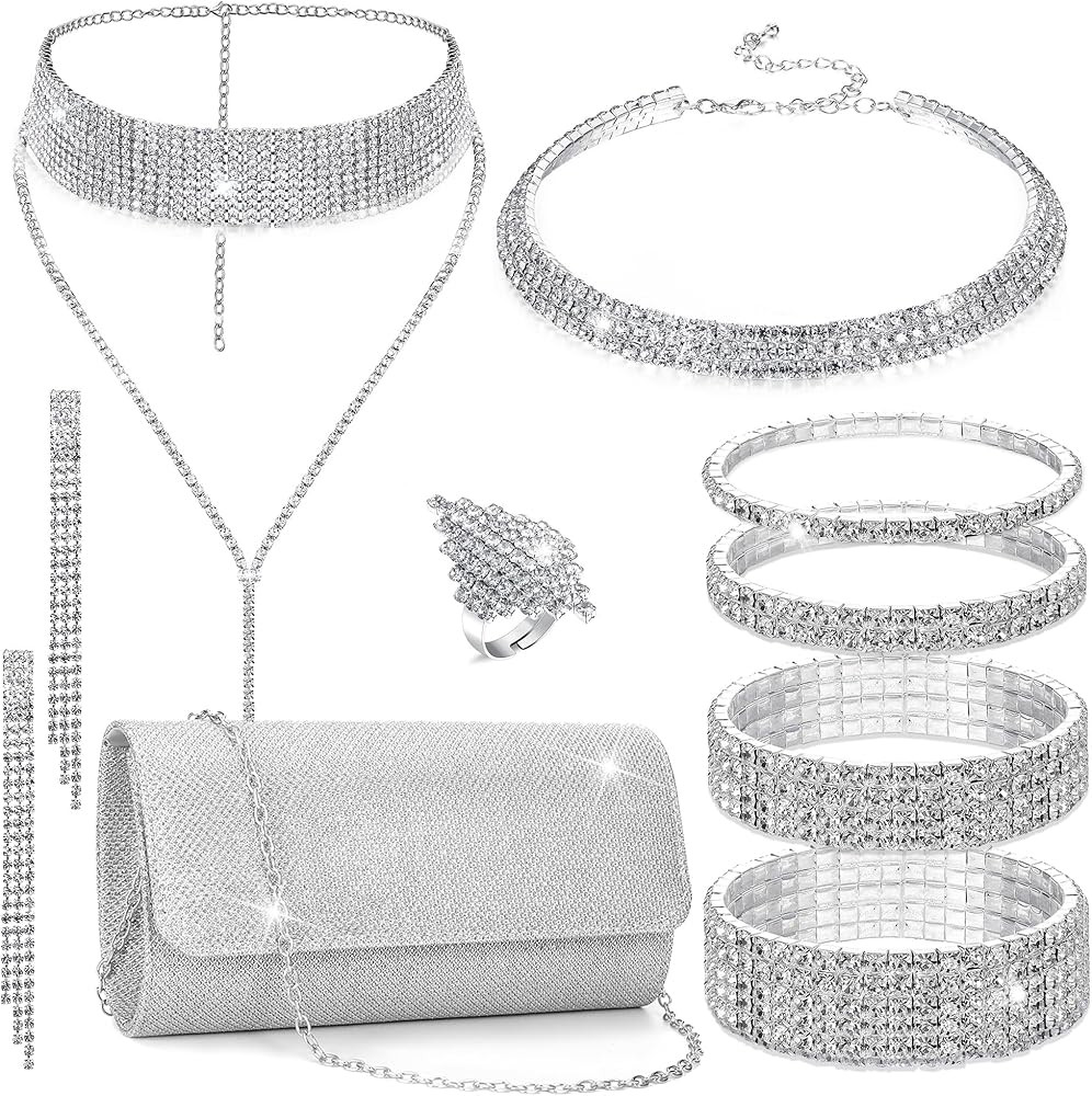 EIELO Rhinestone Jewelry Set for Women Wedding Bridal Triangle Clutch Bag Silvery Clutch Purse Gl... | Amazon (US)