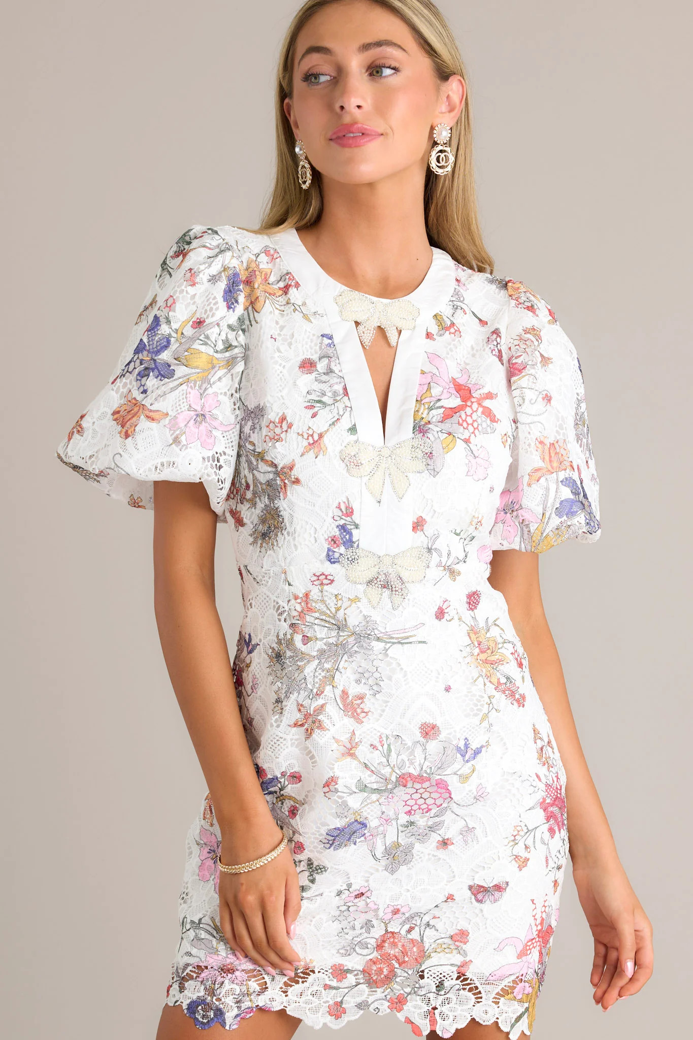 Floral Symphony White Multi Floral Lace Mini Dress | Red Dress